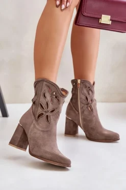 Damskie Boto Zamszowe Ażurowe Botki Na Słupku Lewski 3629 Ciemnobeżowe