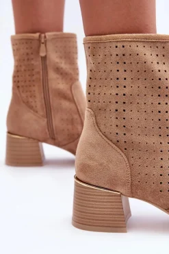 Sale Boto Zamszowe Ażurowe Botki Na Obcasie Ciemnobeżowe Perale