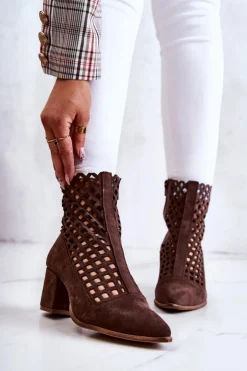 Hot Boto Zamszowe Ażurowe Botki Na Obcasie Nicole 2638 Ciemnobrązowe