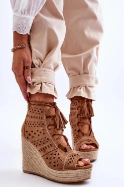 Boto Botki Wiosenne|Botki Na Koturnie*Zamszowe Ażurowe Botki Na Koturnie Camel Berthe