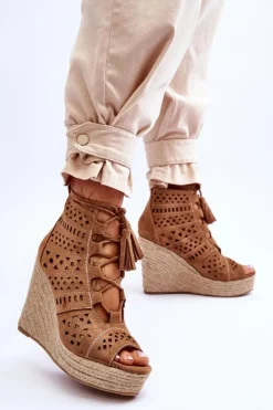 Boto Botki Wiosenne|Botki Na Koturnie*Zamszowe Ażurowe Botki Na Koturnie Camel Berthe