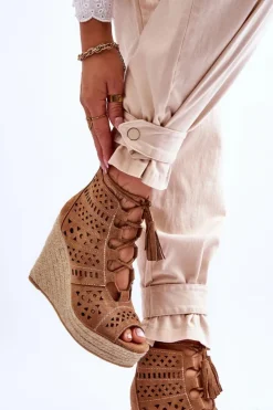 Boto Botki Wiosenne|Botki Na Koturnie*Zamszowe Ażurowe Botki Na Koturnie Camel Berthe