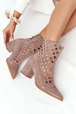 Boto Botki Wiosenne|Botki Na Słupku*Zamszowe Ażurowe Botki Na Obcasie Nicole 2638 Brązowe