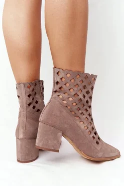 Boto Botki Wiosenne|Botki Na Słupku*Zamszowe Ażurowe Botki Na Obcasie Nicole 2638 Brązowe