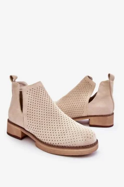 New Boto Zamszowe Ażurowe Botki Na Płaskim Obcasie Beżowe Angie