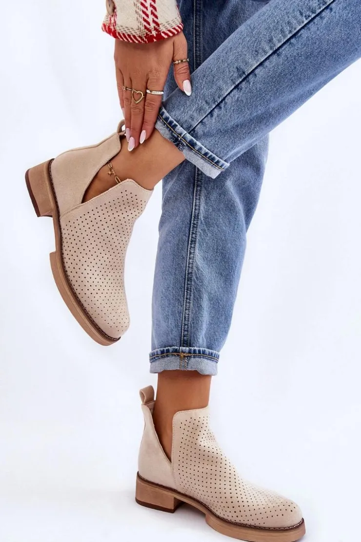 New Boto Zamszowe Ażurowe Botki Na Płaskim Obcasie Beżowe Angie