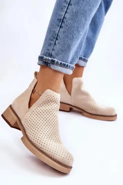 New Boto Zamszowe Ażurowe Botki Na Płaskim Obcasie Beżowe Angie