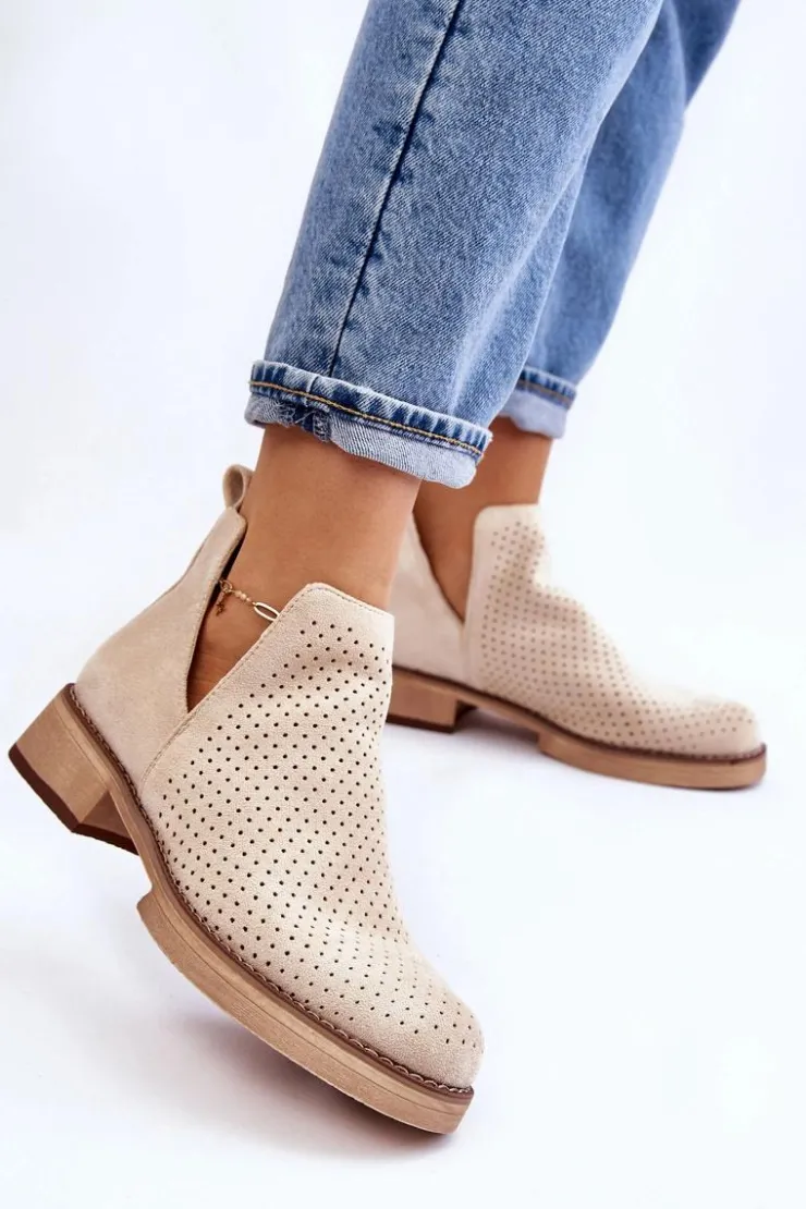 New Boto Zamszowe Ażurowe Botki Na Płaskim Obcasie Beżowe Angie