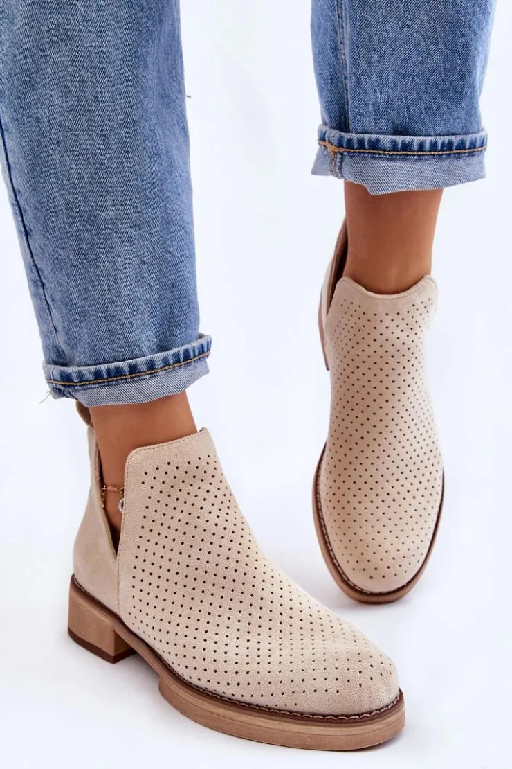 New Boto Zamszowe Ażurowe Botki Na Płaskim Obcasie Beżowe Angie