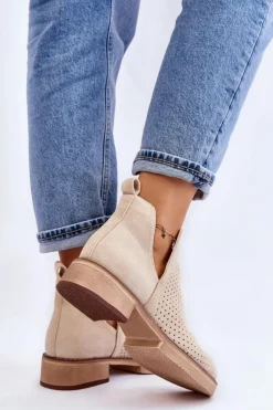 New Boto Zamszowe Ażurowe Botki Na Płaskim Obcasie Beżowe Angie