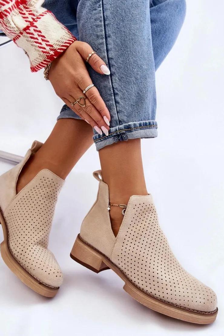 New Boto Zamszowe Ażurowe Botki Na Płaskim Obcasie Beżowe Angie