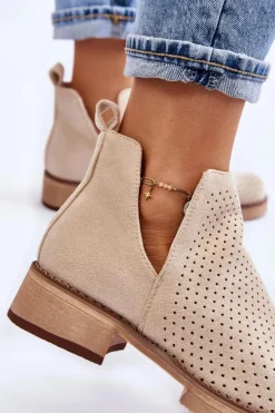 New Boto Zamszowe Ażurowe Botki Na Płaskim Obcasie Beżowe Angie