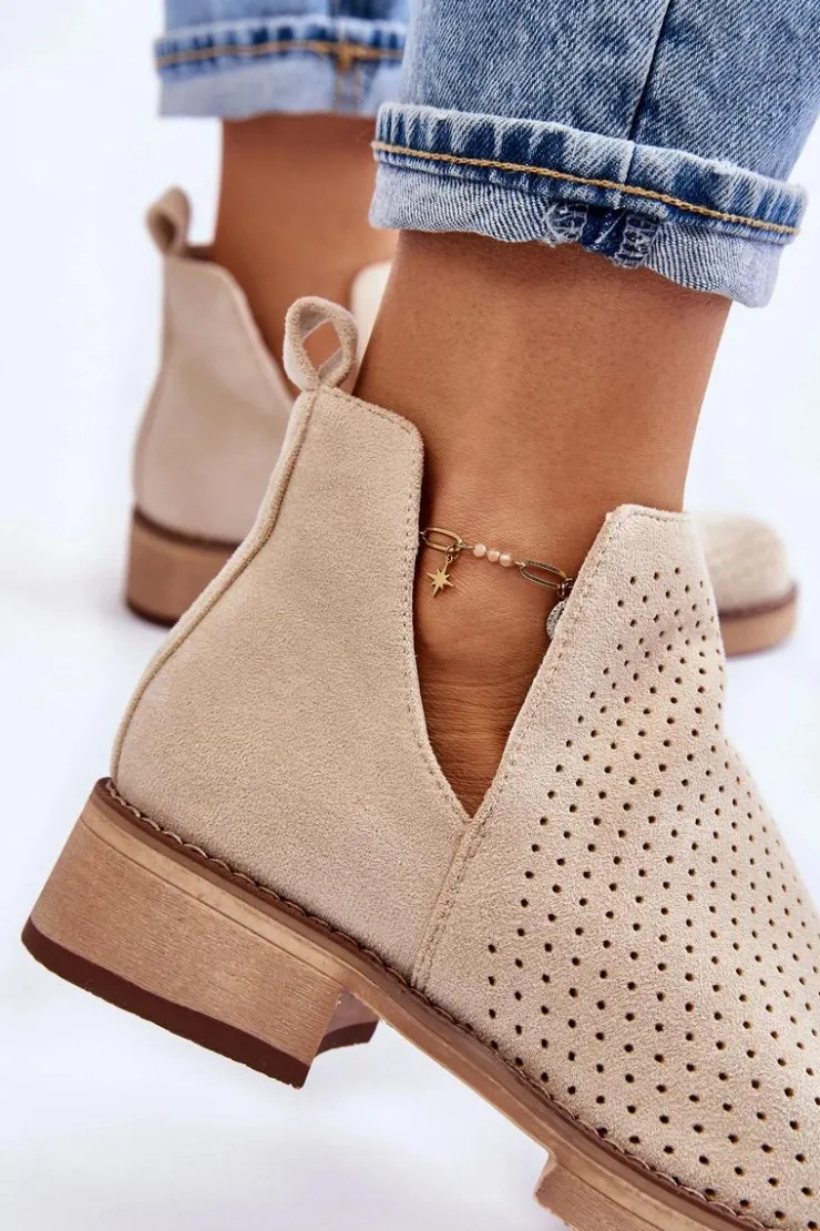 New Boto Zamszowe Ażurowe Botki Na Płaskim Obcasie Beżowe Angie