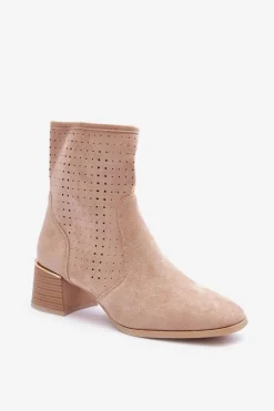 Damskie Boto Zamszowe Ażurowe Botki Na Obcasie Beżowe Perale