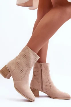 Damskie Boto Zamszowe Ażurowe Botki Na Obcasie Beżowe Perale