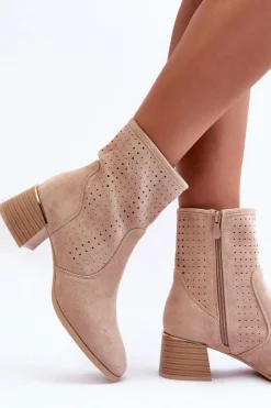 Damskie Boto Zamszowe Ażurowe Botki Na Obcasie Beżowe Perale