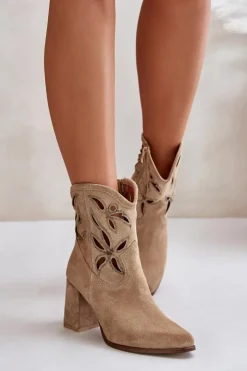Clearance Boto Zamszowe Ażurowe Botki Na Słupku Lewski 3629 Beżowe Beżowy
