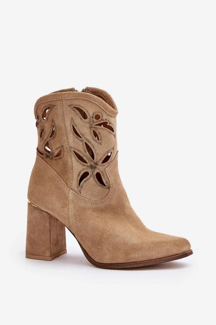 Clearance Boto Zamszowe Ażurowe Botki Na Słupku Lewski 3629 Beżowe Beżowy