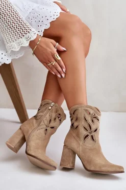 Clearance Boto Zamszowe Ażurowe Botki Na Słupku Lewski 3629 Beżowe Beżowy