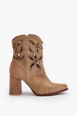 Clearance Boto Zamszowe Ażurowe Botki Na Słupku Lewski 3629 Beżowe Beżowy