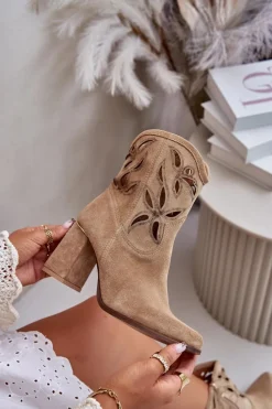 Clearance Boto Zamszowe Ażurowe Botki Na Słupku Lewski 3629 Beżowe Beżowy