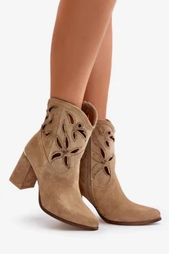 Clearance Boto Zamszowe Ażurowe Botki Na Słupku Lewski 3629 Beżowe Beżowy