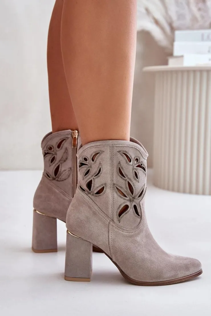 Boto Botki Na Słupku|Botki Ażurowe*Zamszowe Ażurowe Botki Na Słupku Lewski 3629 Cappucino Beżowy