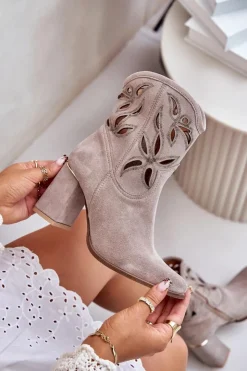 Boto Botki Na Słupku|Botki Ażurowe*Zamszowe Ażurowe Botki Na Słupku Lewski 3629 Cappucino Beżowy