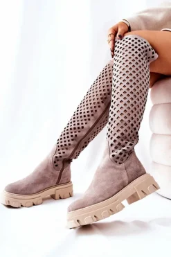Damskie Boto Zamszowe Ażurowe Kozaki Jasnobrązowe Kallede