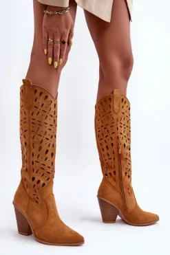 Damskie Boto Zamszowe Ażurowe Kozaki Kowbojki Brązowe Nisu