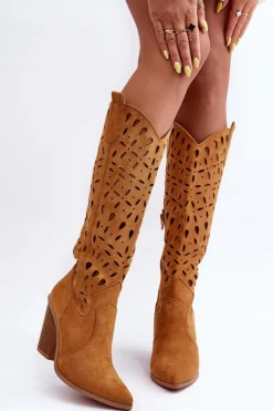 Damskie Boto Zamszowe Ażurowe Kozaki Kowbojki Brązowe Nisu