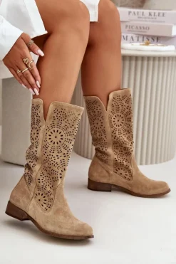 Boto Kozaki Wiosenne|Kozaki Ażurowe*Zamszowe Ażurowe Kozaki Lewski 3366/2Beżowe