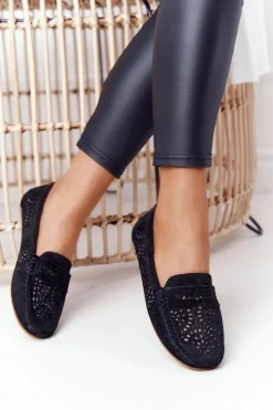 Clearance Damskie buty S.Barski Zamszowe Ażurowe Mokasyny Damskie S.Barski Czarne