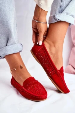 Damskie Damskie buty S.Barski Zamszowe Ażurowe Mokasyny Damskie S.Barski Czerwone