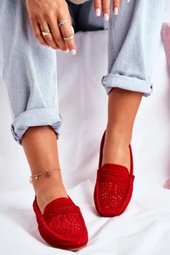 Damskie Damskie buty S.Barski Zamszowe Ażurowe Mokasyny Damskie S.Barski Czerwone