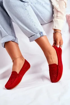 Damskie Damskie buty S.Barski Zamszowe Ażurowe Mokasyny Damskie S.Barski Czerwone