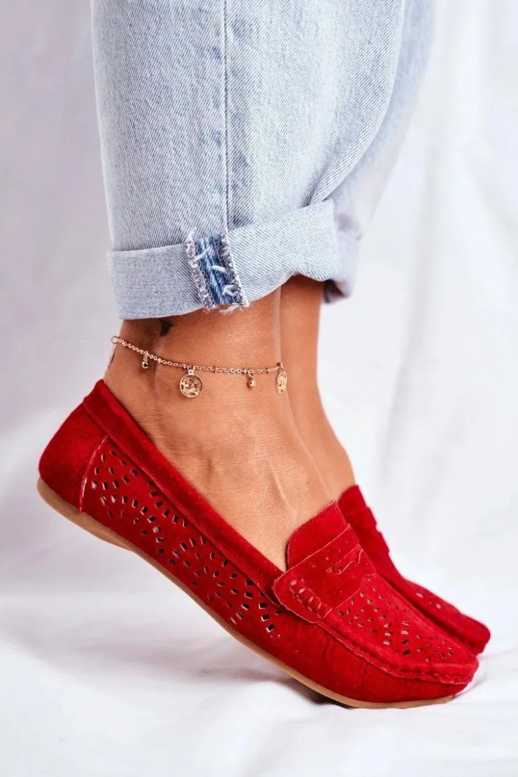 Damskie Damskie buty S.Barski Zamszowe Ażurowe Mokasyny Damskie S.Barski Czerwone