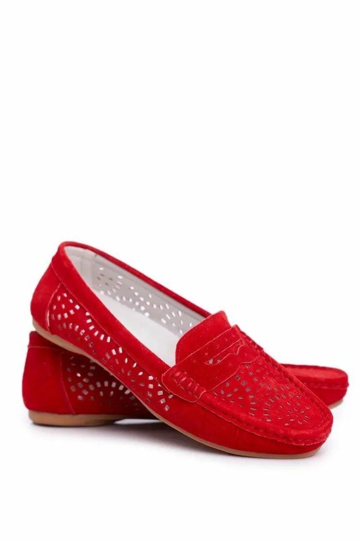 Damskie Damskie buty S.Barski Zamszowe Ażurowe Mokasyny Damskie S.Barski Czerwone