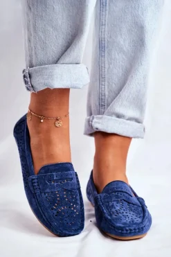 Outlet Damskie buty S.Barski Zamszowe Ażurowe Mokasyny Damskie S.Barski Granatowe