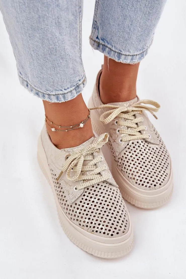 Sale Artiker Zamszowe Ażurowe Półbuty Damskie Na Platformie 56C2108 Beżowo-Złote