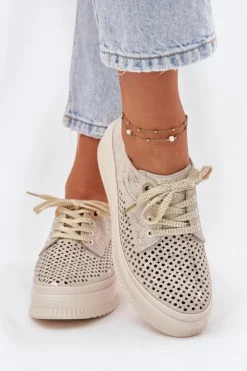 Sale Artiker Zamszowe Ażurowe Półbuty Damskie Na Platformie 56C2108 Beżowo-Złote