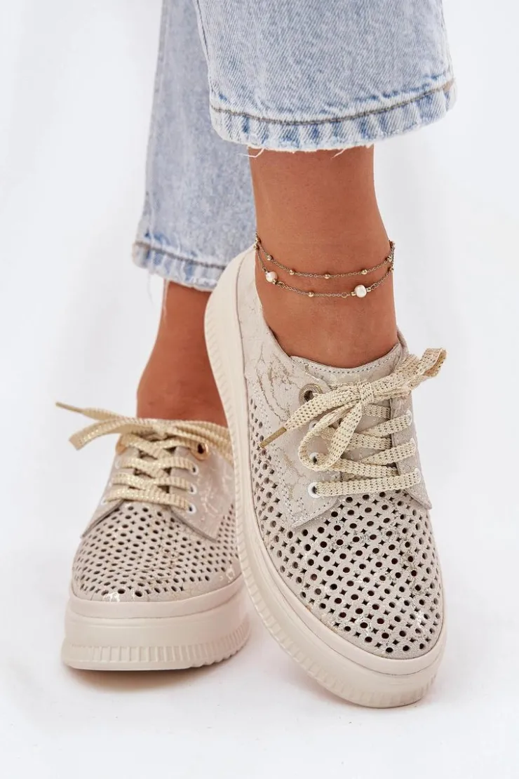 Sale Artiker Zamszowe Ażurowe Półbuty Damskie Na Platformie 56C2108 Beżowo-Złote