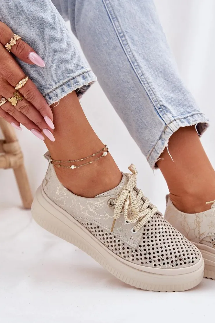 Sale Artiker Zamszowe Ażurowe Półbuty Damskie Na Platformie 56C2108 Beżowo-Złote