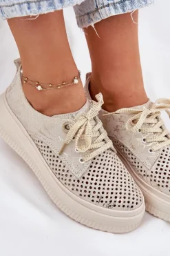 Sale Artiker Zamszowe Ażurowe Półbuty Damskie Na Platformie 56C2108 Beżowo-Złote