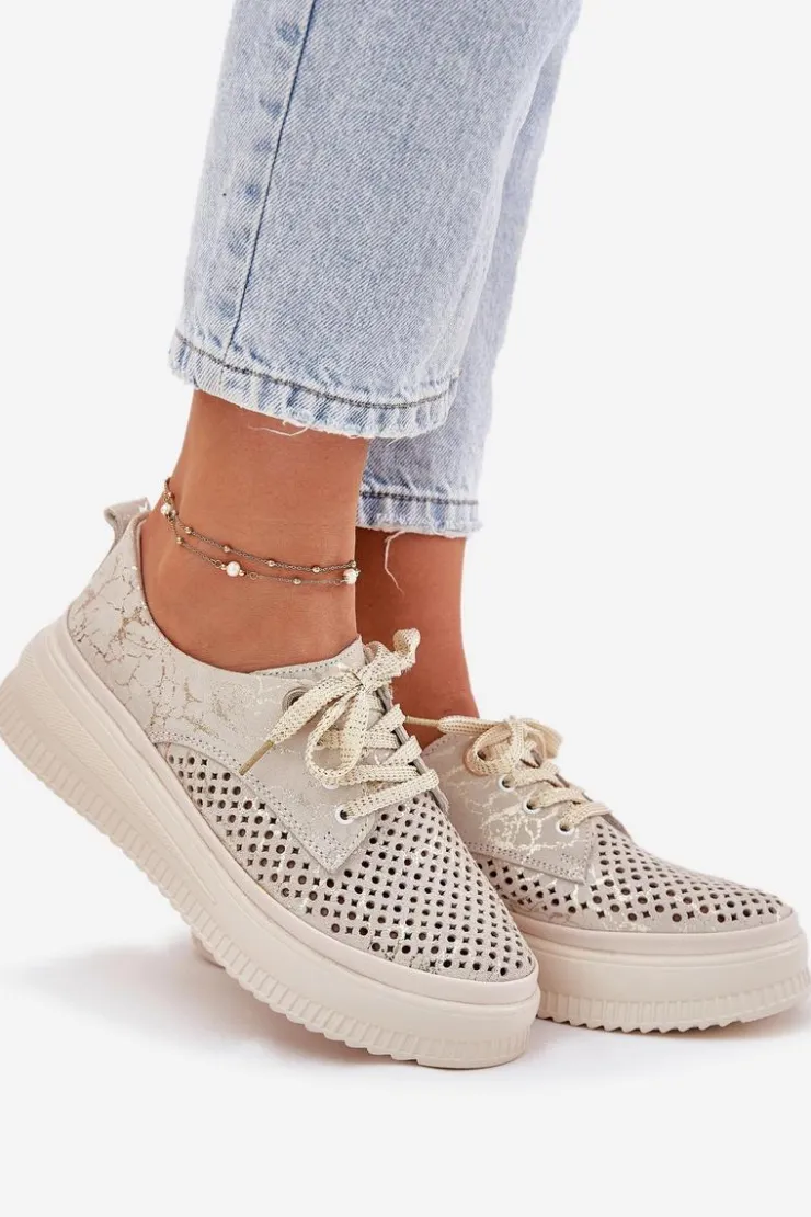 Sale Artiker Zamszowe Ażurowe Półbuty Damskie Na Platformie 56C2108 Beżowo-Złote
