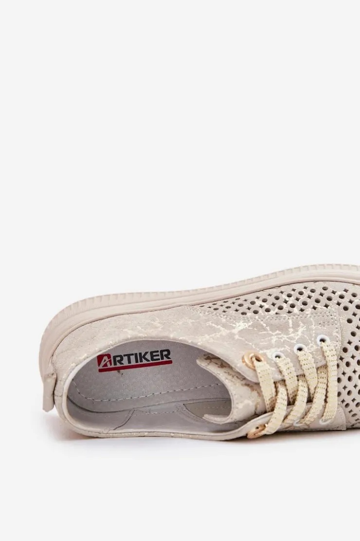 Sale Artiker Zamszowe Ażurowe Półbuty Damskie Na Platformie 56C2108 Beżowo-Złote