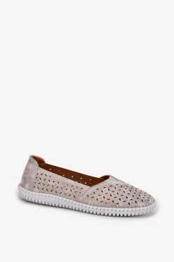 Evento Półbuty Skórzane|Mokasyny Damskie Zamszowe*Zamszowe Ażurowe Półbuty Damskie Złoto-Szare Chulieta