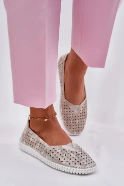 Evento Półbuty Skórzane|Mokasyny Damskie Zamszowe*Zamszowe Ażurowe Półbuty Damskie Złoto-Szare Chulieta