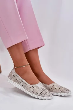 Evento Półbuty Skórzane|Mokasyny Damskie Zamszowe*Zamszowe Ażurowe Półbuty Damskie Złoto-Szare Chulieta