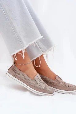 Outlet Evento Zamszowe Ażurowe Półbuty Mokasyny Damskie Złote Redileine